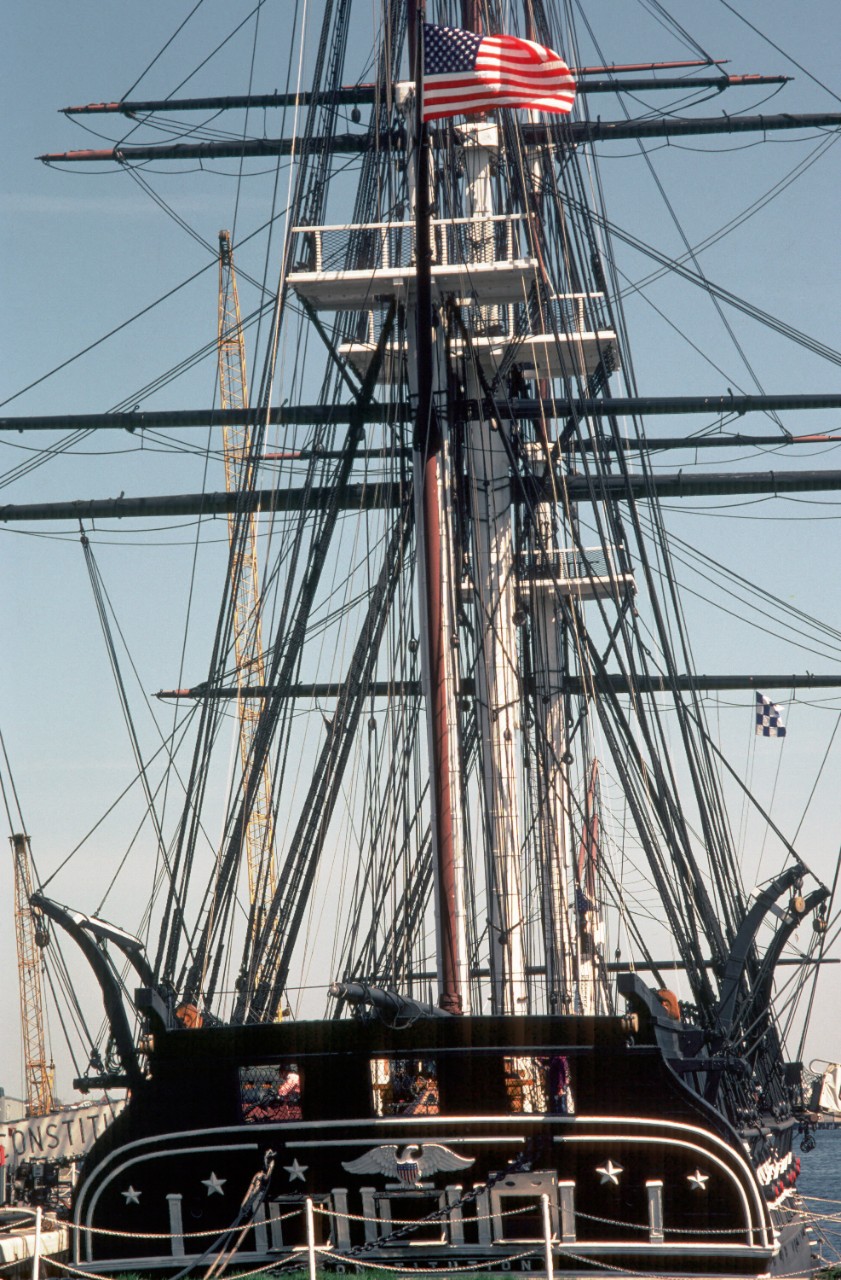 330-CFD-DN-ST-85-08719:  USS Constitution, 1983.   A stern view of the sailing frigate USS Constitution at Boston Navy Yard, Massachusetts.   Official U.S. Navy Photograph taken from All Hands Magazine, June 1, 1983.   Photograph is now in the collection of the National Archives.   