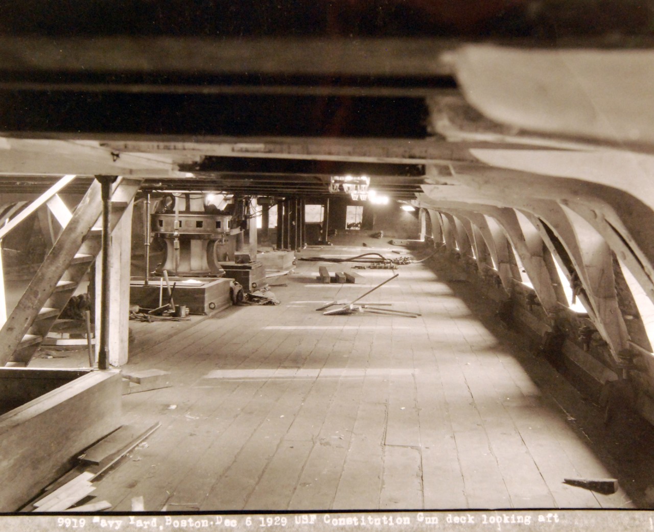 80-G-424960:  USS Constitution, 1929.    Constitution being restored at Boston Navy Yard, Massachusetts.   Shown:  Gun deck, looking forward.      Photograph December 1929.   Official U.S. Navy Photograph, now in the collections of the National Archives.   (2017/08/01).  