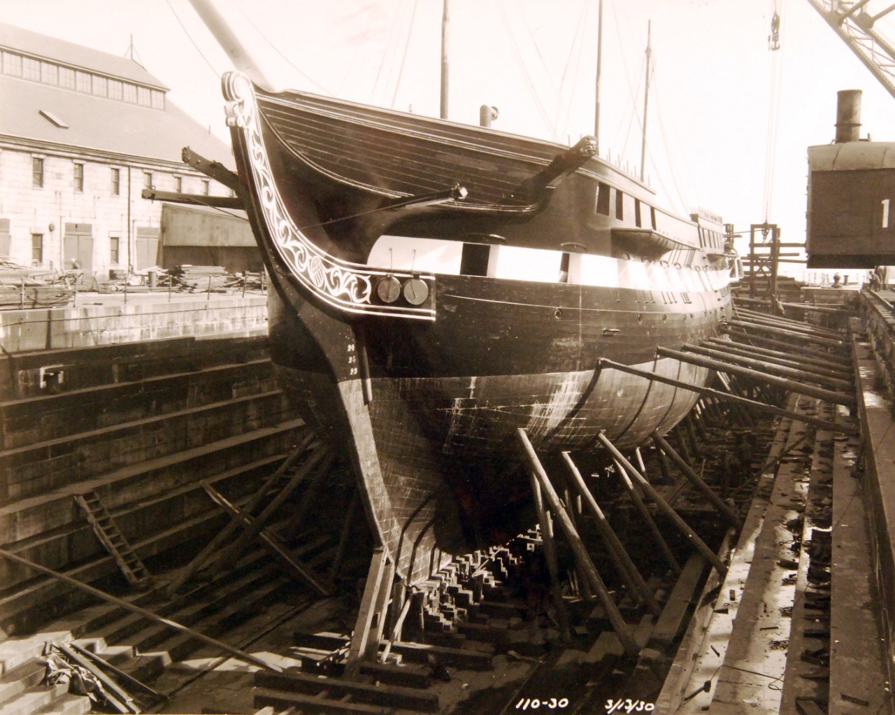 80-G-424971:  USS Constitution, 1930.  Constitution being restored at Boston Navy Yard, Massachusetts.   Shown:  Port side.      Photograph March 1930.   Official U.S. Navy Photograph, now in the collections of the National Archives.   (2017/08/01).  
