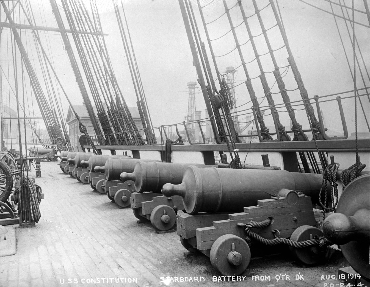 LC-DIG-npcc-20077:   USS Constitution, 1909-21.  Starboard battery from Quarter Deck.  Photographed by the National Photograph Company Collection.   Courtesy of the Library of Congress.   