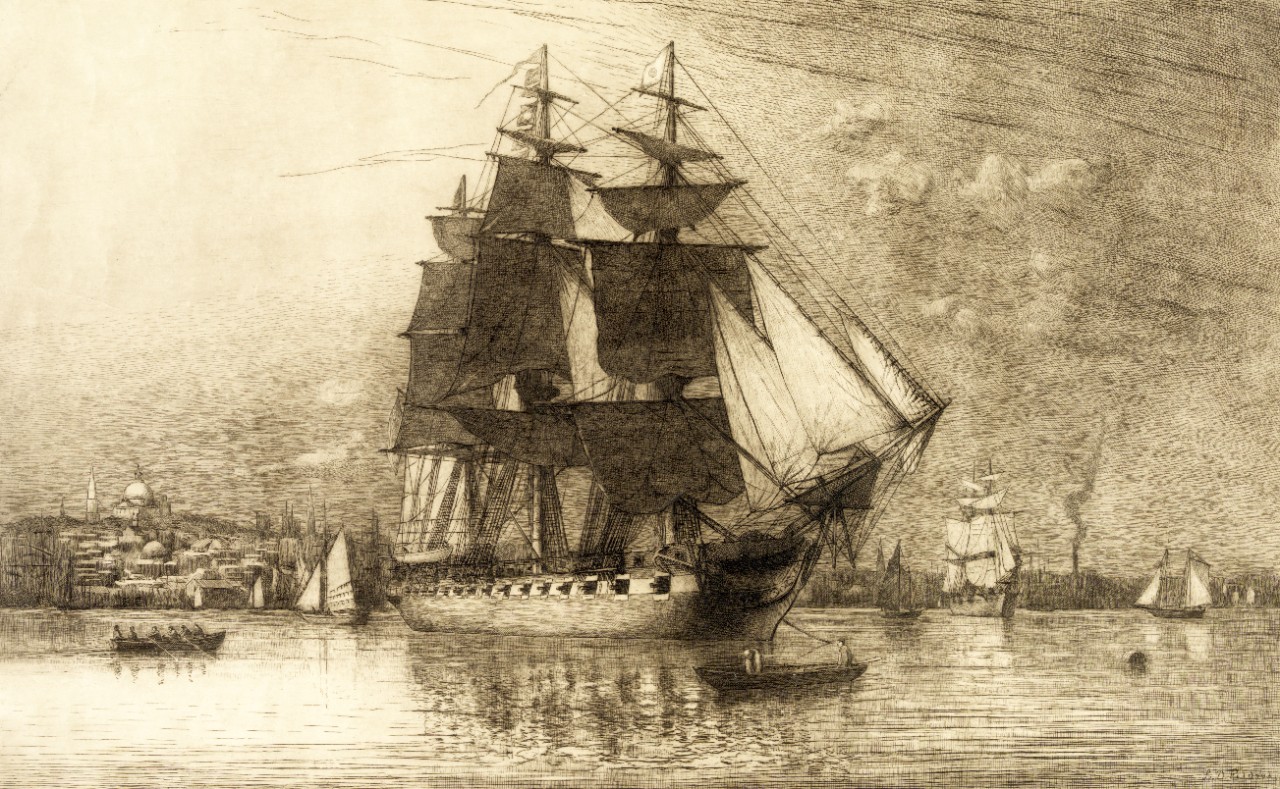 LC-DIG-PGA-01152:  USS Constitution, 19th Century.   Constitution in Boston Harbor, Massachusetts, artwork by L.D. Eldred.  Courtesy of the Library of Congress.  (2015/07/02).