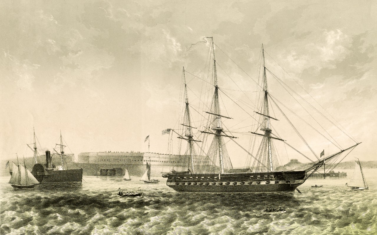 LC-DIG-PGA 04564:   USS Constitution, 1861.  Constitution at anchor off Fort Adams, Newport, Rhode Island, 1861.    Lithograph published July 8, 1861.   Courtesy of the Library of Congress.  (2015/7/2). 