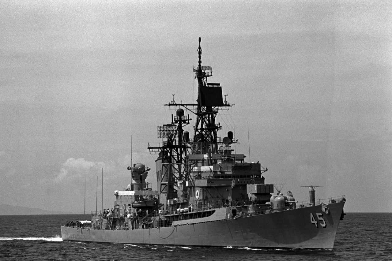 330-CFD-DN-SN-82-09547:  USS Dewey (DDG-45), 1979.   Starboard  bow view of the guided missile frigate during exercise Unitas XX, June 1, 1979.  Photographed by PH2 K. Brewer off Porto De Heirro, Venezuela.     Official U.S. Navy photograph, now in the collections of the National Archives.   