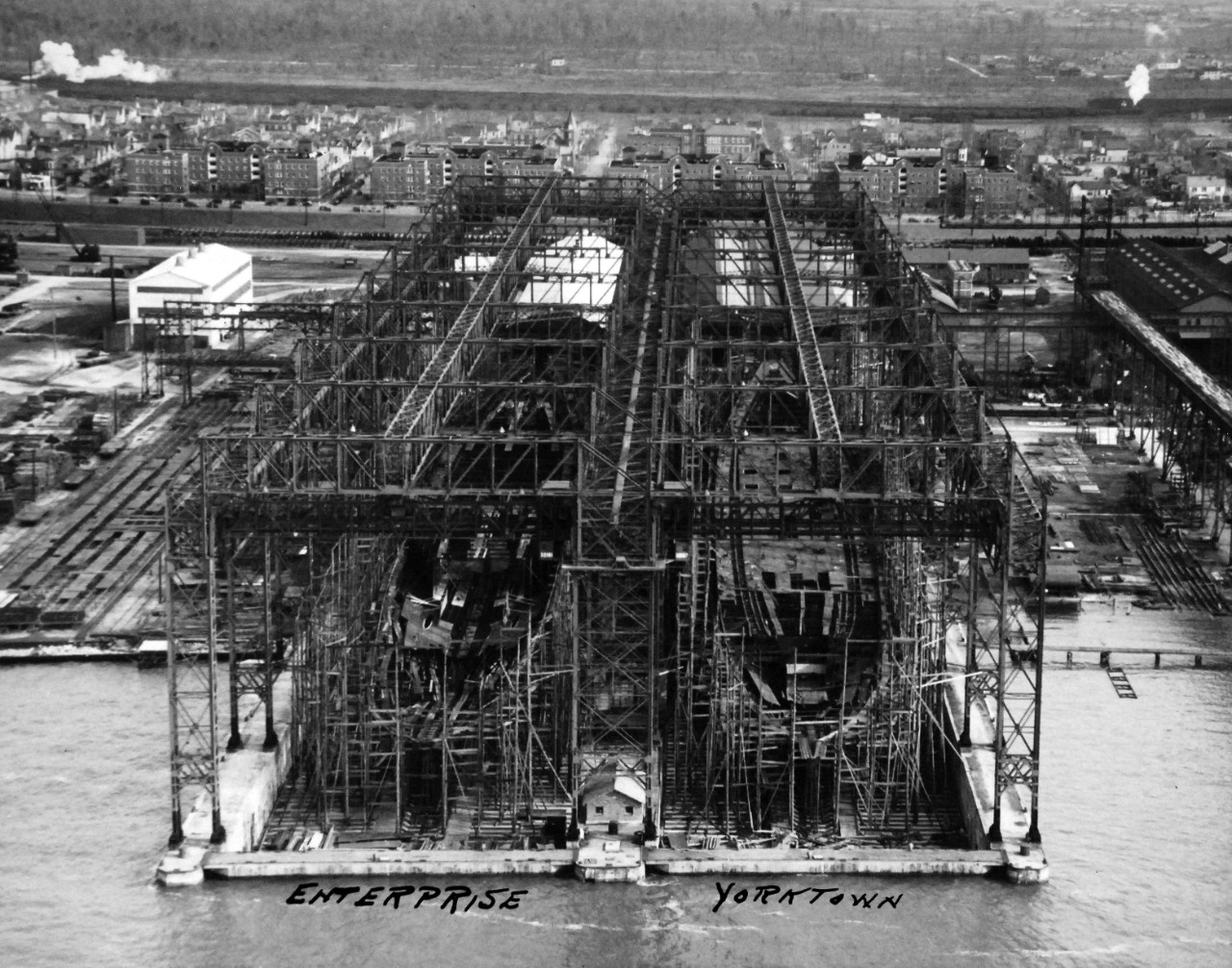 19-LC-Box24-Enterprise-Yorktown:    USS Enterprise (CV-6) and USS Yorktown (CV-5), 1930s.     Aircraft carriers being built alongside each other at Newport News Shipbuilding and Dry Dock Company, Newport News, Virginia, circa early 1930s.   Official U.S. Navy Photograph, now in the collections of the National Archives.   (2015/2/11).