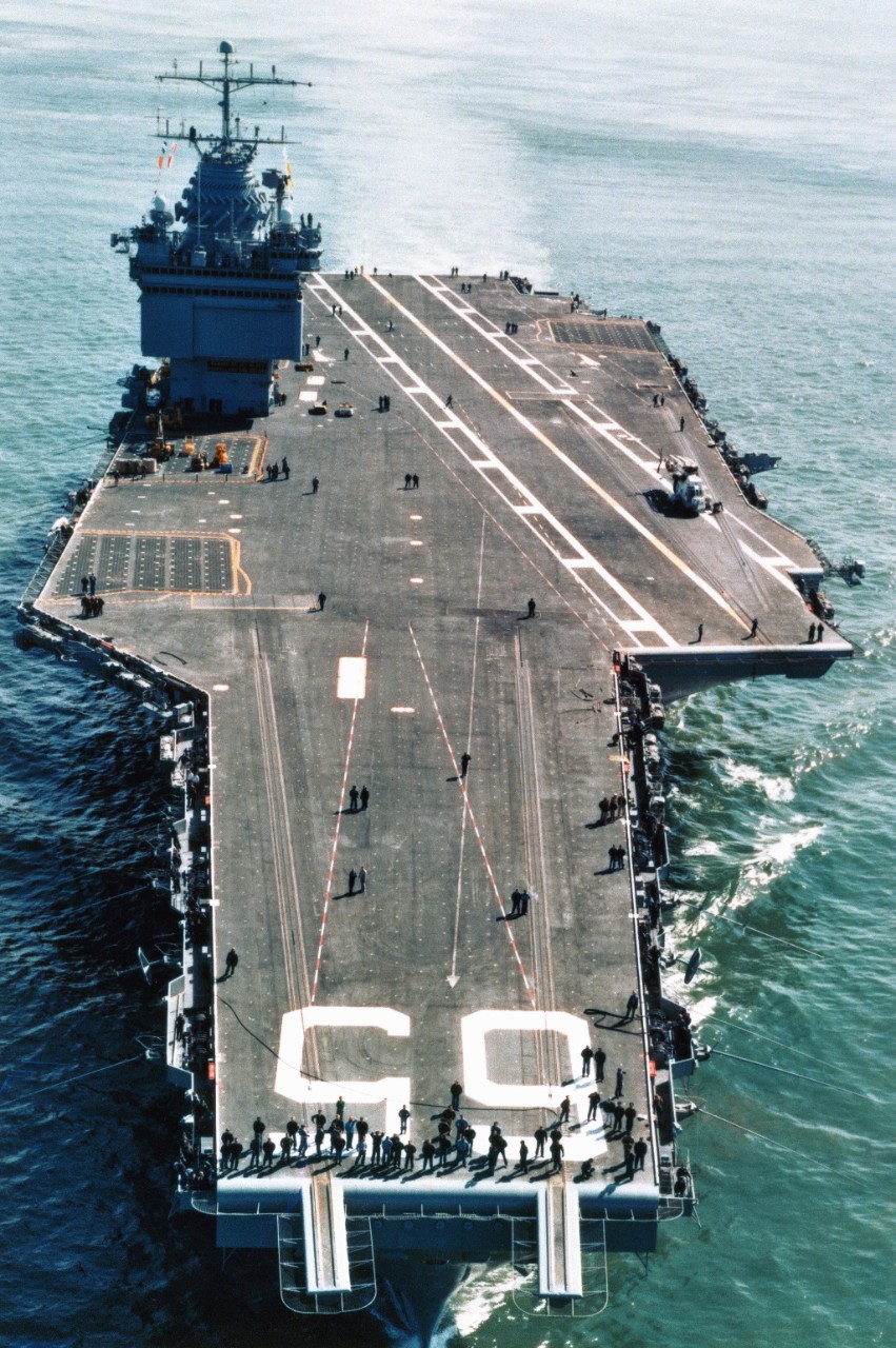 330-CFD-DN-SC-86-00551:  USS Enterprise (CVN-65), 1978.   Aerial bow view while underway, January 1, 1978.   Official U.S. Navy Photograph, now in the collections of the National Archives.  (2017/11/30).  