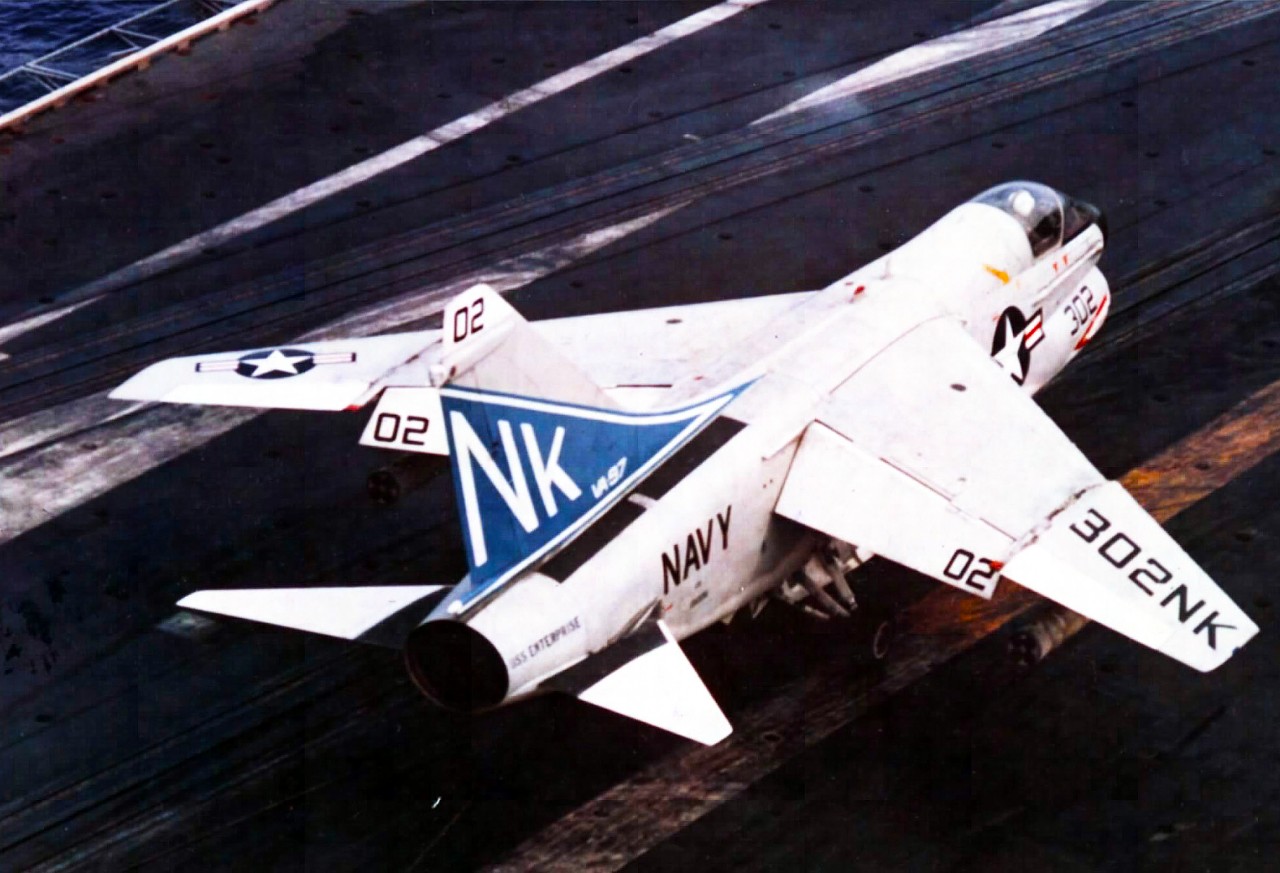 428-GX-K-108367:  USS Enterprise (CVN-65), 1975.  South China Sea.   An Attack Squadron Ninety-Seven (VA 97), A-7E Corsair II attack aircraft taxis on the flight deck of USS Enterprise (CVAN 65).  Aircraft from the carrier were providing cover and support for the evacuation of Saigon, Republic of Vietnam.  Photographed by PH1 Ralph W. Hoffman, 29 April 1975. Official U.S. Navy Photograph, now in the collection of the National Archives. (2014/5/15).
