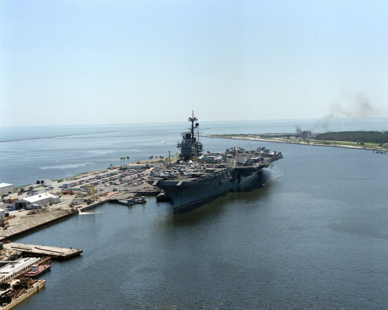 330-CFD-DN-SC-93-03439:  USS Forrestal (CV-59), 1988.  A port bow view of the aircraft carrier USS Forrestal (CV-59) moored in port, April 22, 1988.  PH2 Willard.   Official U.S. Navy Photograph, now in the collections of the National Archives.    