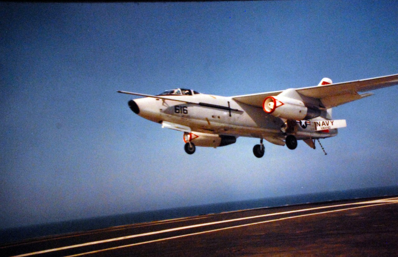 428-GX-K-51762:  USS Forrestal (CVA-59), 1958.     Atlantic Ocean.  An A-3 “Skywarrior” attack aircraft of Heavy Attack Squadron 10 comes in for an arrested landing onboard USS Forrestal (CVA-59).  Photographed by PH3 (DV) W.R. Curtsinger, July 13, 1958.  U.S. Navy photograph, now in the collections of the National Archives.  (2016/04/05).