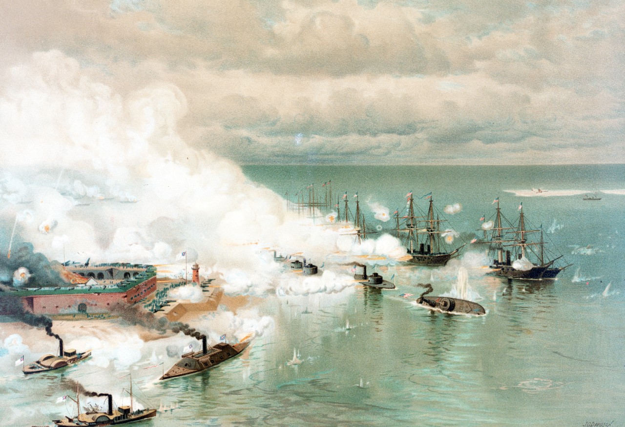 LC-DIG-PGA-04035:   Battle of Mobile Bay, Passing Fort Morgan and the Torpedoes, August 1864. Print after an artwork by J.O. Davidson, 1886, depicting the Union and Confederate squadrons at the moment that USS Tecumseh sank after striking a mine (torpedo). Confederate ships (left foreground) are Morgan, Gaines and Tennessee. Union monitors visible astern of Tecumseh are Manhattan and Winnebago. USS Brooklyn is leading the outer line of Union warships, immediately followed by USS Hartford. President Franklin D. Roosevelt, 1936.  Courtesy of the Library of Congress.