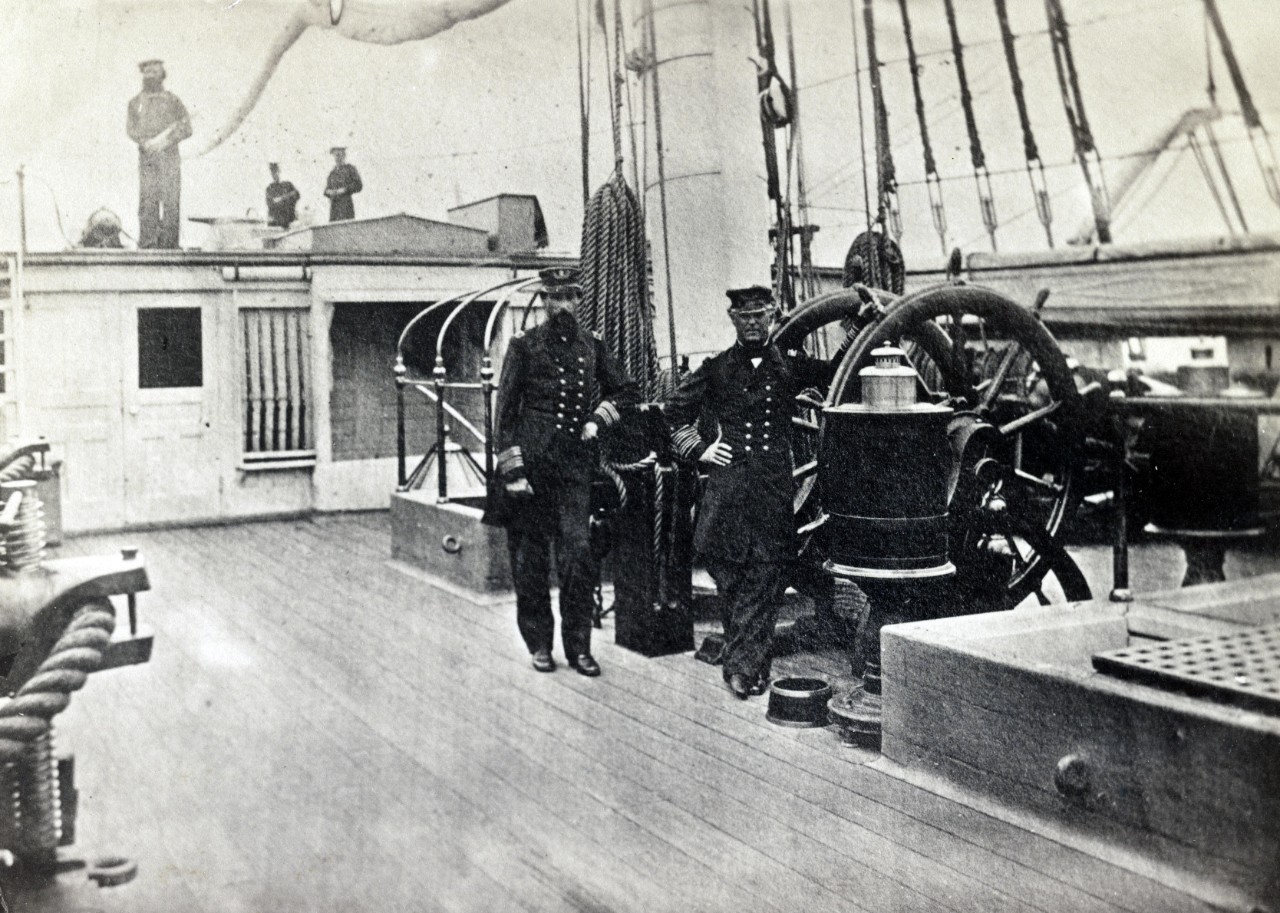 LC-DIG-PPMSCA-33843:  USS Hartford (1859-1926), sloop-of-war, 1861-65.   Rear Admiral David G. Farragut and Captain Drayton on the deck of U.S. Navy frigate, USS Hartford, during the Civil War.    Albumen print.  Courtesy of the Library of Congress.  