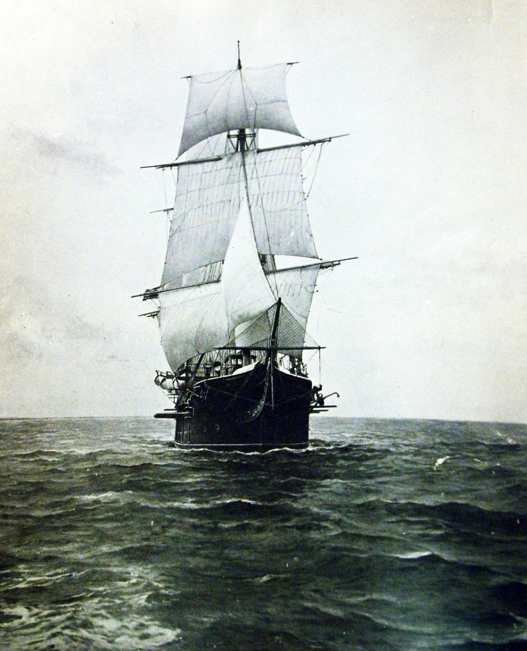 LC-Lot 3000-V-2:   USS Hartford (1859-1926), sloop-of-war, 1891-1912.  Bow view while under sail.  Hartford is notable for being Admiral David G. Farragut’s flagship during the Battle of Mobile Bay in August 1864.    Detroit Photographic Company, circa 1891-1912.  Courtesy of the Library of Congress.  Photographed through Mylar sleeve.   (2016/03/10).