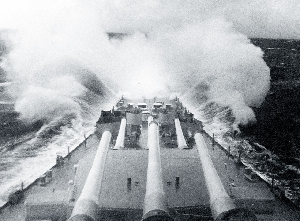 80-G-421097:  USS Iowa (BB 61), 1945.   USS Iowa encounters heavy seas on cruise to Tokyo, Japan, photograph received January 1946.  Official U.S. Navy Photograph, now in the collections of the National Archives.    (2014/8/20). 
