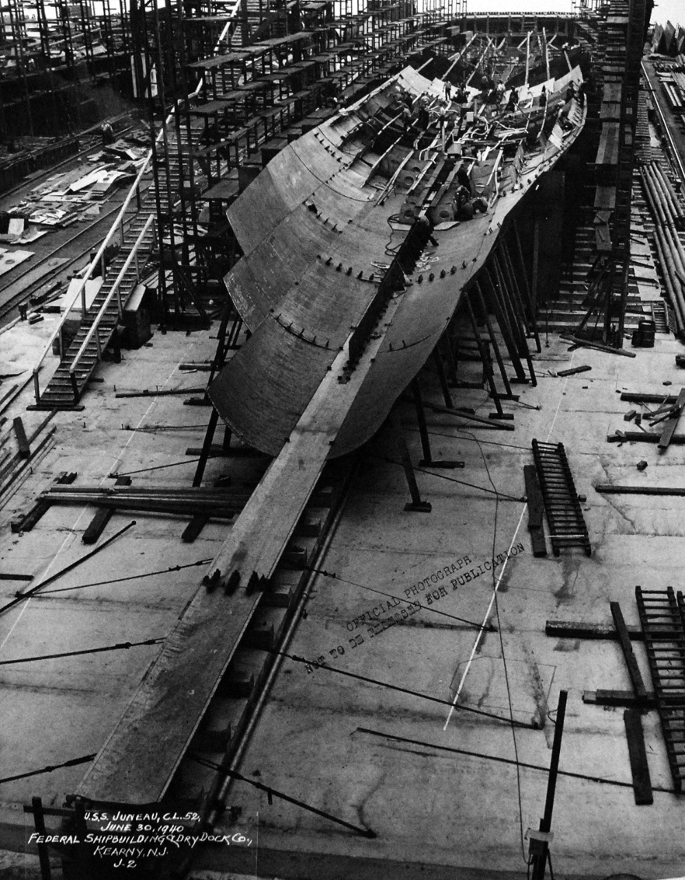 19-LC-28131:  USS Juneau (CL-52),  June 1940.     Light cruiser is shown under construction at Federal Shipbuilding and Drydock Company, Kearny, New Jersey, June 30, 1940.    U.S. Bureau of Ships Photograph, now in the collections of the National Archives.  (2015/02/18). 