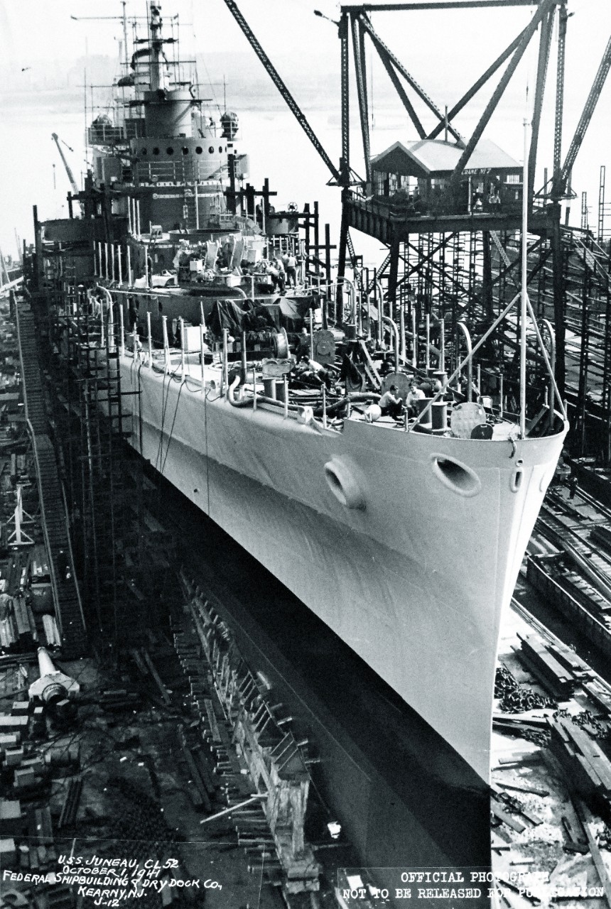 19-LC-28141:  USS Juneau (CL-52),  October 1941.    Light cruiser is shown under construction at Federal Shipbuilding and Drydock Company, Kearny, New Jersey, October 1, 1941.  U.S. Bureau of Ships Photograph, now in the collections of the National Archives.  (2015/02/18). 