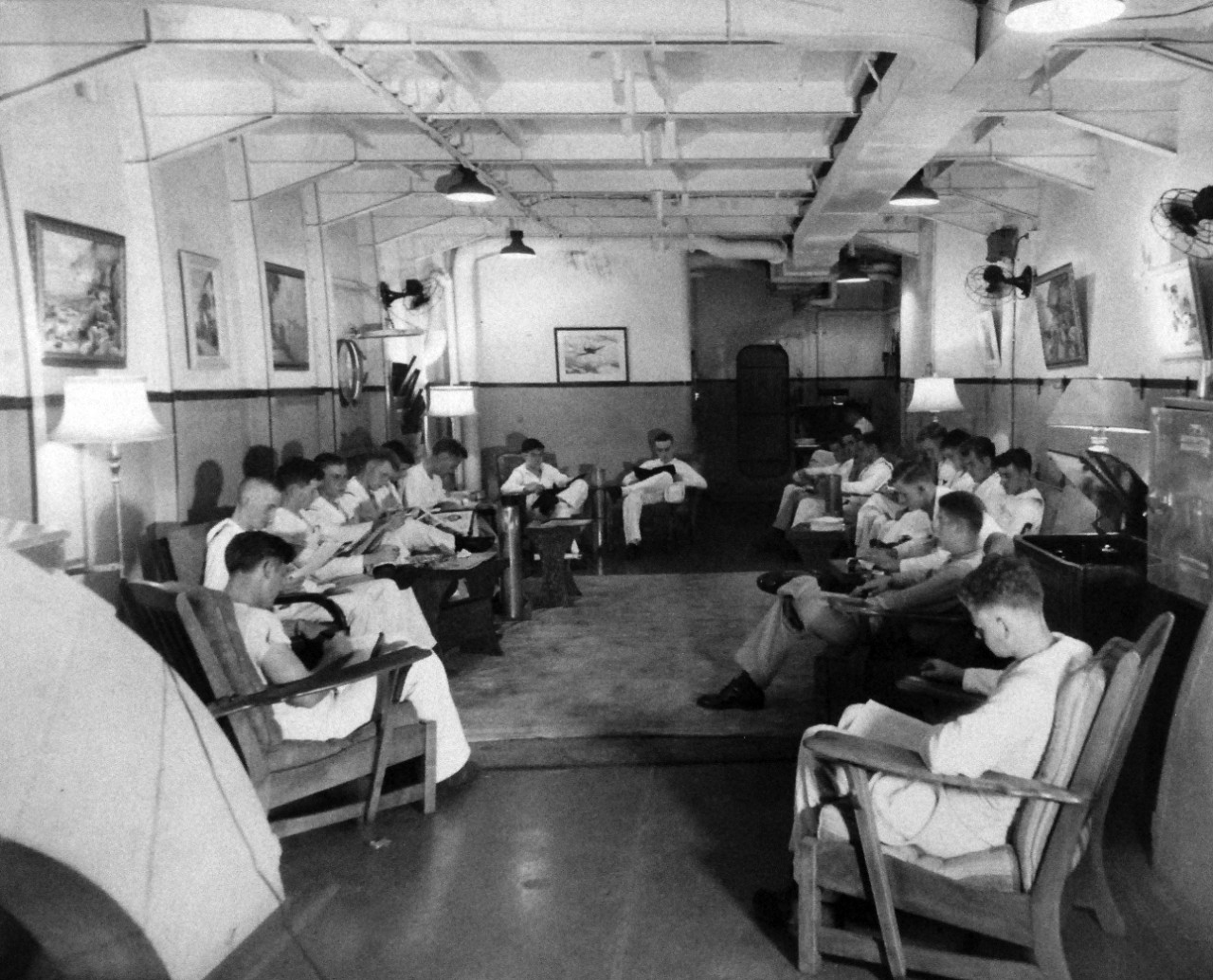 USS Leyte (CV-32), 1948   Crew’s lounge aboard the carrier.    Photograph released September 2, 1948.   Official U.S. Navy photograph, now in the collections of the National Archives.  (2016/11/15).