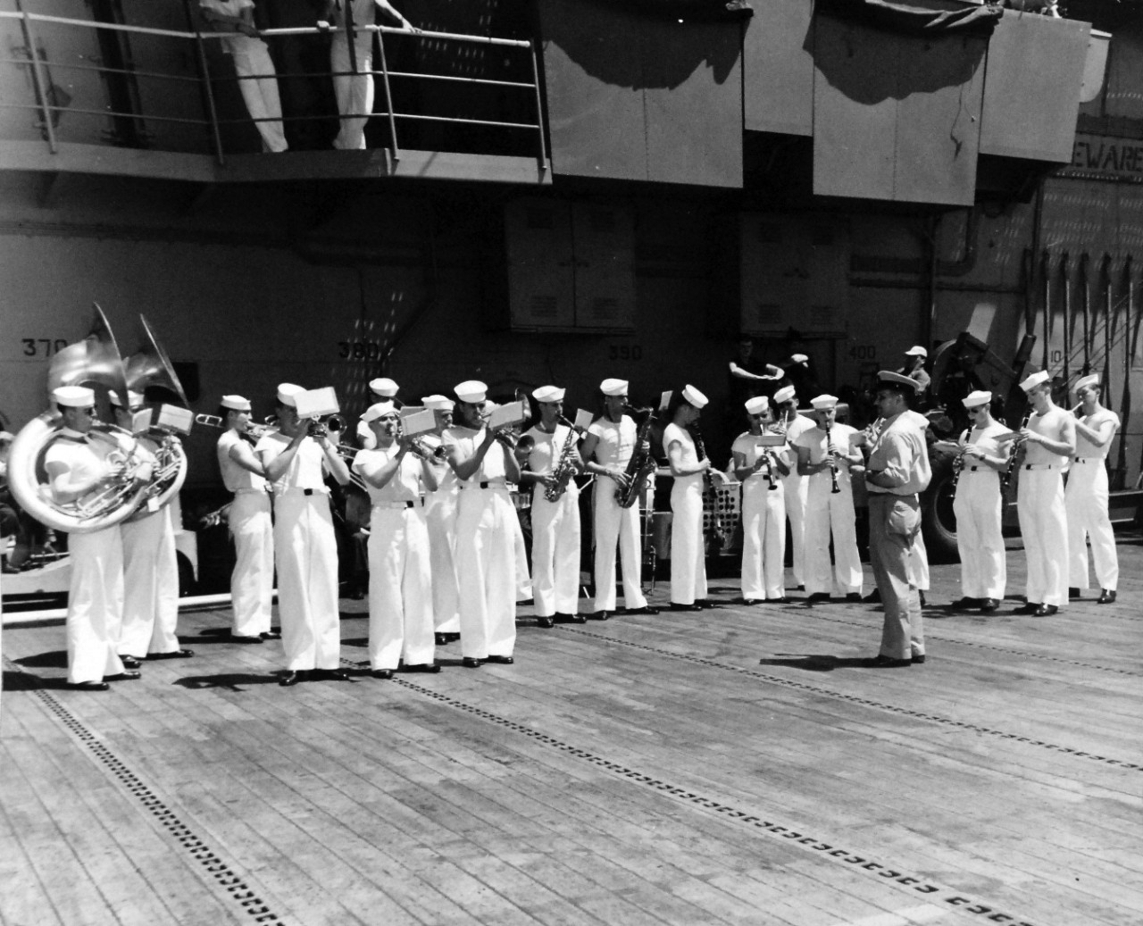 USS Leyte (CV-32), 1949.    U.S. Navy Band on flight deck.    Photograph released March 5, 1949.   Official U.S. Navy photograph, now in the collections of the National Archives.  (2016/11/15).