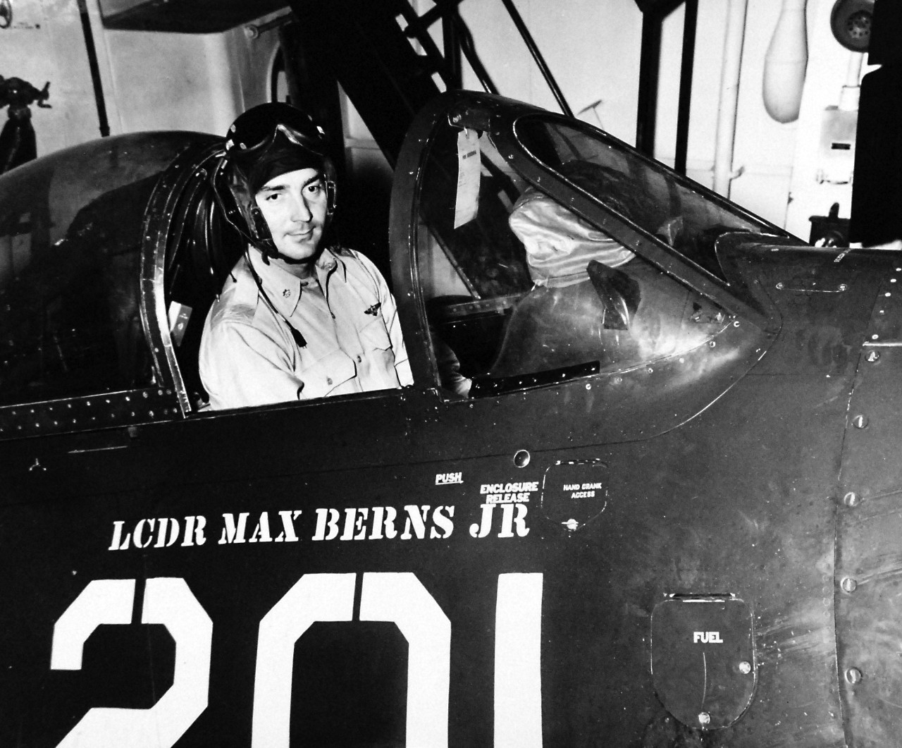 80-G-405969: USS Leyte (CV-32), June 1949.   Reserve Cruise Onboard.  M.A. Berns, Jr., Commander of VF-92 of Attack Group Nine in his plane.    Official U.S. Navy photograph, now in the collections of the National Archives.  (2017/02/07).