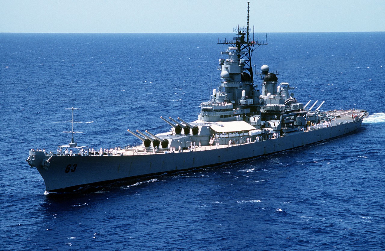 330-CFD-DN-ST-94-00424:  USS Missouri (BB-63), late 80s.   A port bow view of the battleship USS Missouri (BB-63) underway.  Official U.S. Navy Photograph, now in the collections of the U.S. National Archives - Online Public Access.