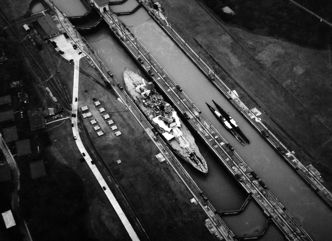 80-CF-14-2045-3:  USS Nevada (BB-36), April 1934.   Nevada in Pedro Miguel Locks, Panama Canal, April 23, 1934.  Note the two submarines anchored in the next lock.    U.S. Navy photograph, now in the collections of the National Archives. 