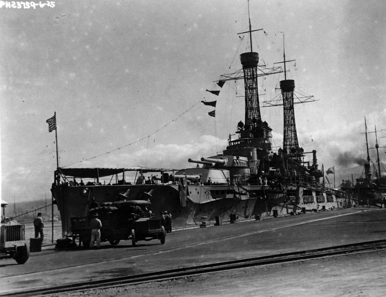 80-CF-14-2045-4:  USS Nevada (BB-36), June 1925.  Nevada alongside 10-10 dock, Pearl Harbor, Territory of Hawaii, June 6, 1925.  Official U.S. Navy Photograph, now in the collections of the National Archives. 