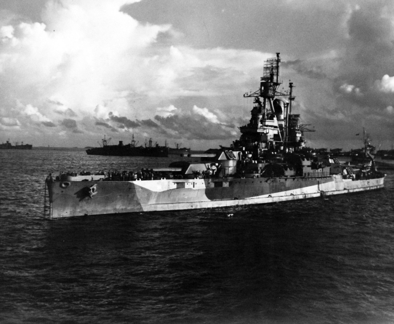 80-G-263992:  USS Nevada (BB-36), February 1945.  Nevada as seen from USS Sargent Bay (CVE 83), February 6, 1945.  Official U.S. Navy Photograph, now in the collections of the National Archives.