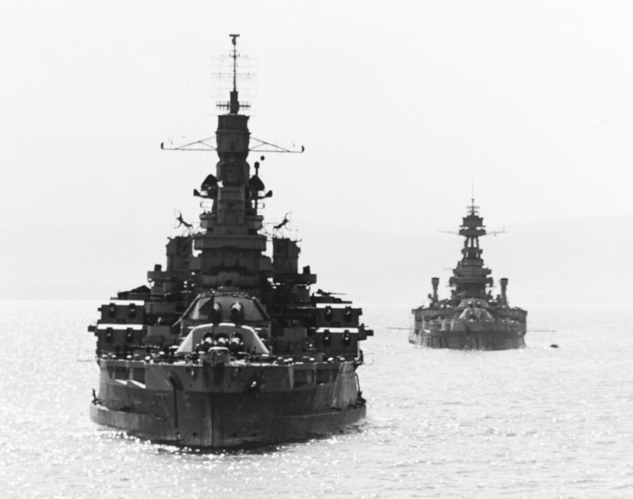 80-G-367897:  USS Nevada (BB-36), and USS Texas (BB-35) – right, May 1944.  In Belfast Lough, Northern Ireland, 14 May 1944.  USS Texas (BB-35) is at right.  Photographed from USS Quincy (CA-71). Official U.S. Navy Photograph, now in the collections of the National Archives  