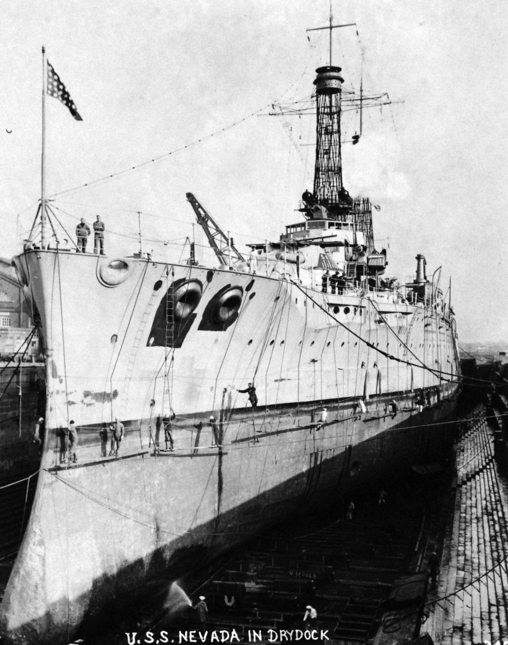 80-G-461423:  USS Nevada (BB-36), circa 1921.  Nevada in drydock.   Photograph received 1921.  Official U.S. Navy Photograph, now in the collections of the National Archives. 