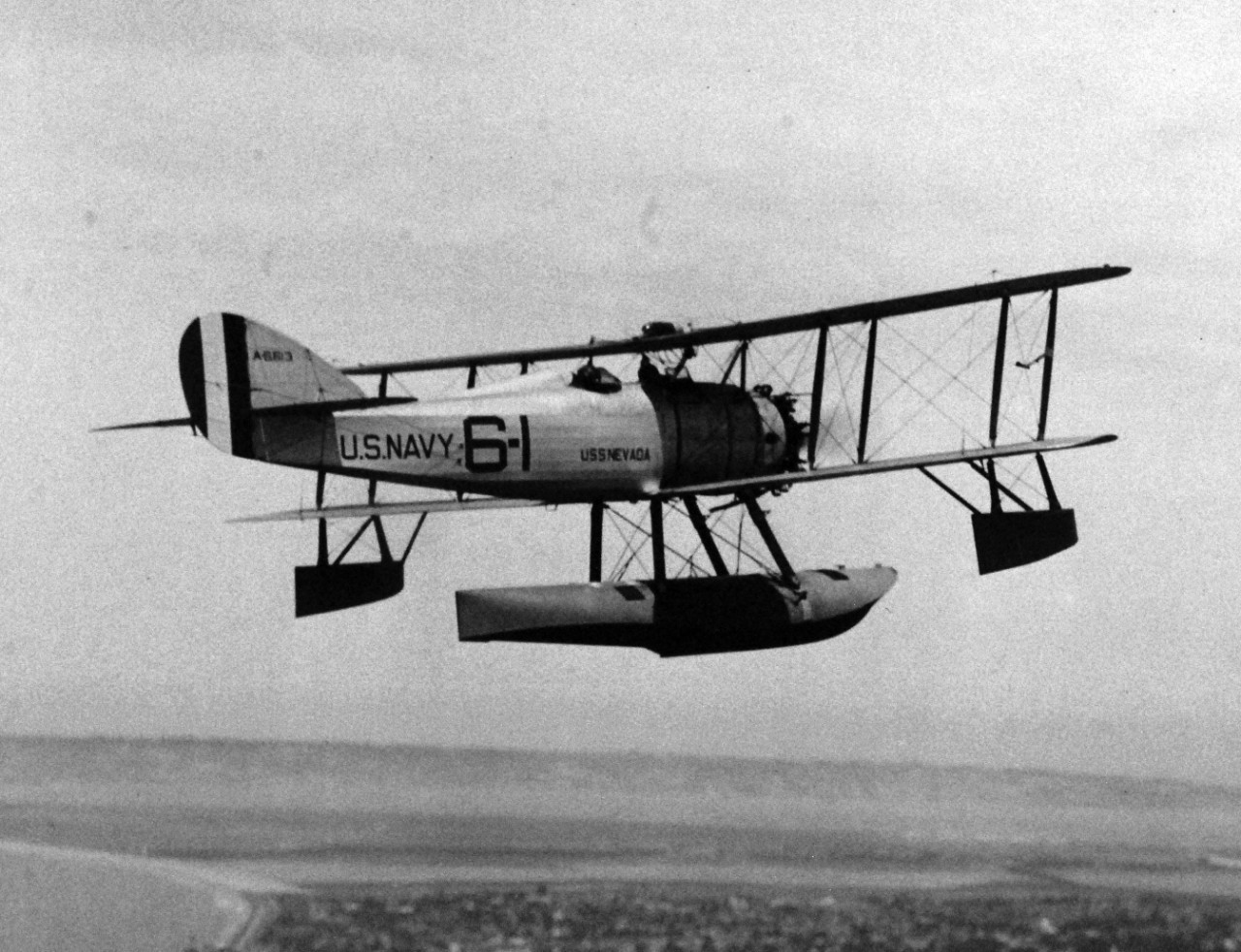 80-HAN-142-2:  Vought, UO aircraft, July 1927.   Plane was arriving from Naval Air Station, San Diego, California, July 8, 1927.  USS Nevada (BB-36) aircraft. U.S. Navy photograph, now in the collections of the National Archives. 
