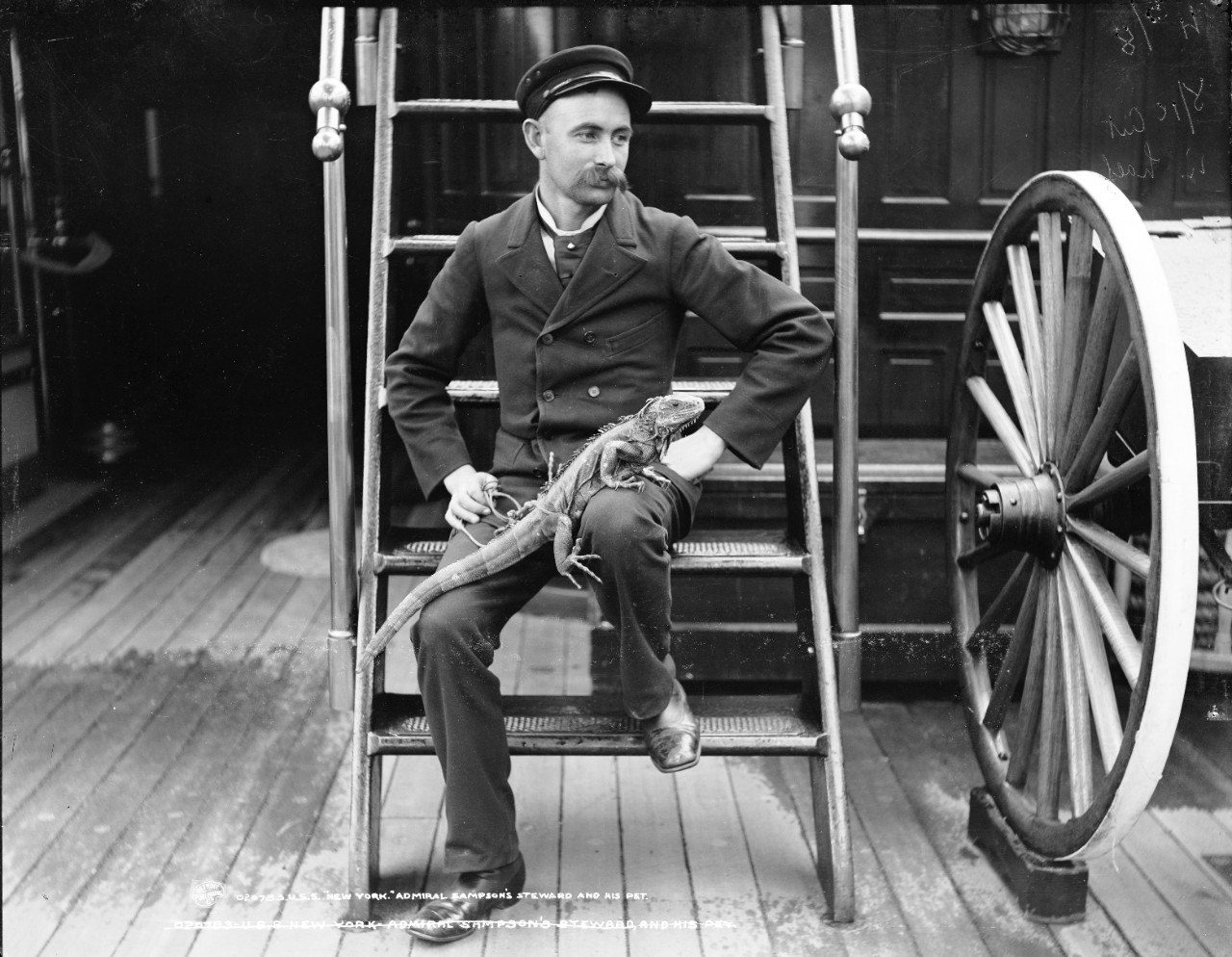 LC-DIG-DET-4a14565:   USS New York (Armored Cruiser #2), 1899.   Rear Admiral William T. Sampson’s steward and his pet.  Photographed by Edward H. Hart, Detroit Publishing Company, between 1893-1901.  Courtesy of the Library of Congress.  (2015/6/5).