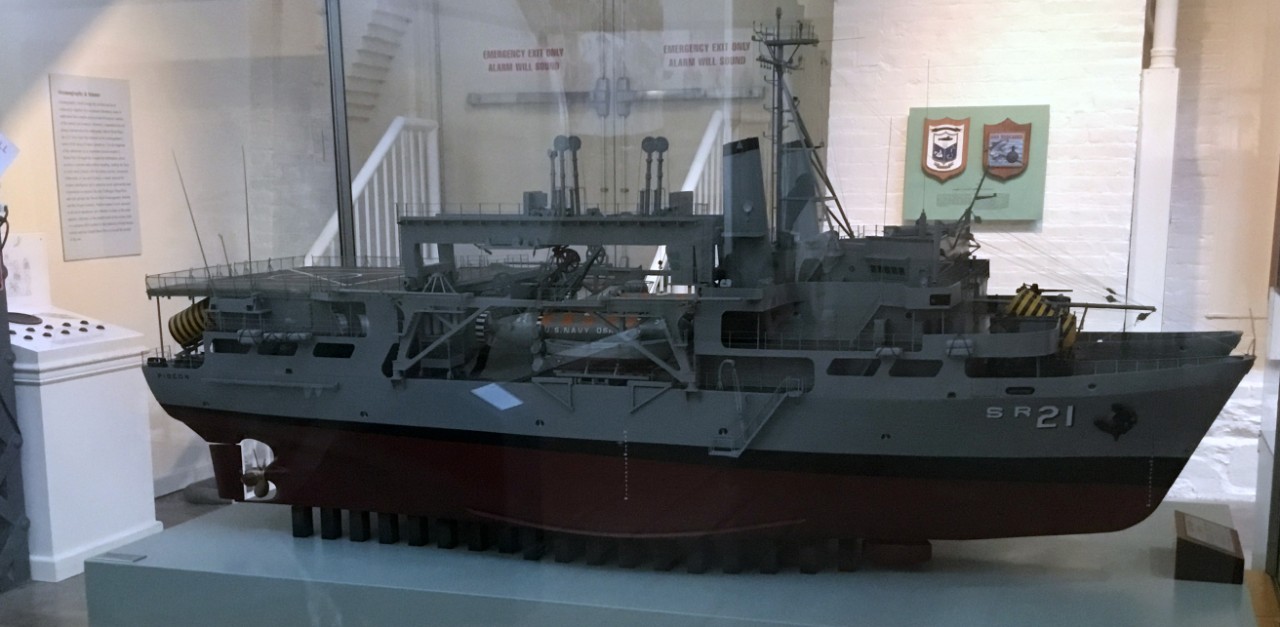 USS Pigeon (ASR-21), model, on display at the National Museum of the U.S. Navy, Bldg.76, Bay 17, Left Side. 