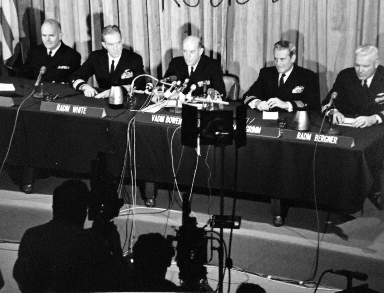 428-GX-USN-1140136:   U.S. Naval Amphibious Base, Coronado, San Diego, California, March 13, 1969.    The Court of Inquiry on the capture of the environmental research ship, USS Pueblo (AGER-2) by North Kora.  Shown, from left, Rear Admiral Richard R. Pratt, Commander, Amphibious Training Command, U.S. Pacific Fleet; Rear Admiral Marshall W. White, Commander, Pacific Missile Range; Vice Admiral Harold G. Bowen, Jr., Commander, Anti-Submarine Warfare Force, U.S. Pacific Fleet; and Rear Admiral Edward W. Grimm. Photographed by Wayne W. Massie Official U.S. Navy Photograph, now in the collections of the National Archives (2017/05/23).  Photographed from reference card.  