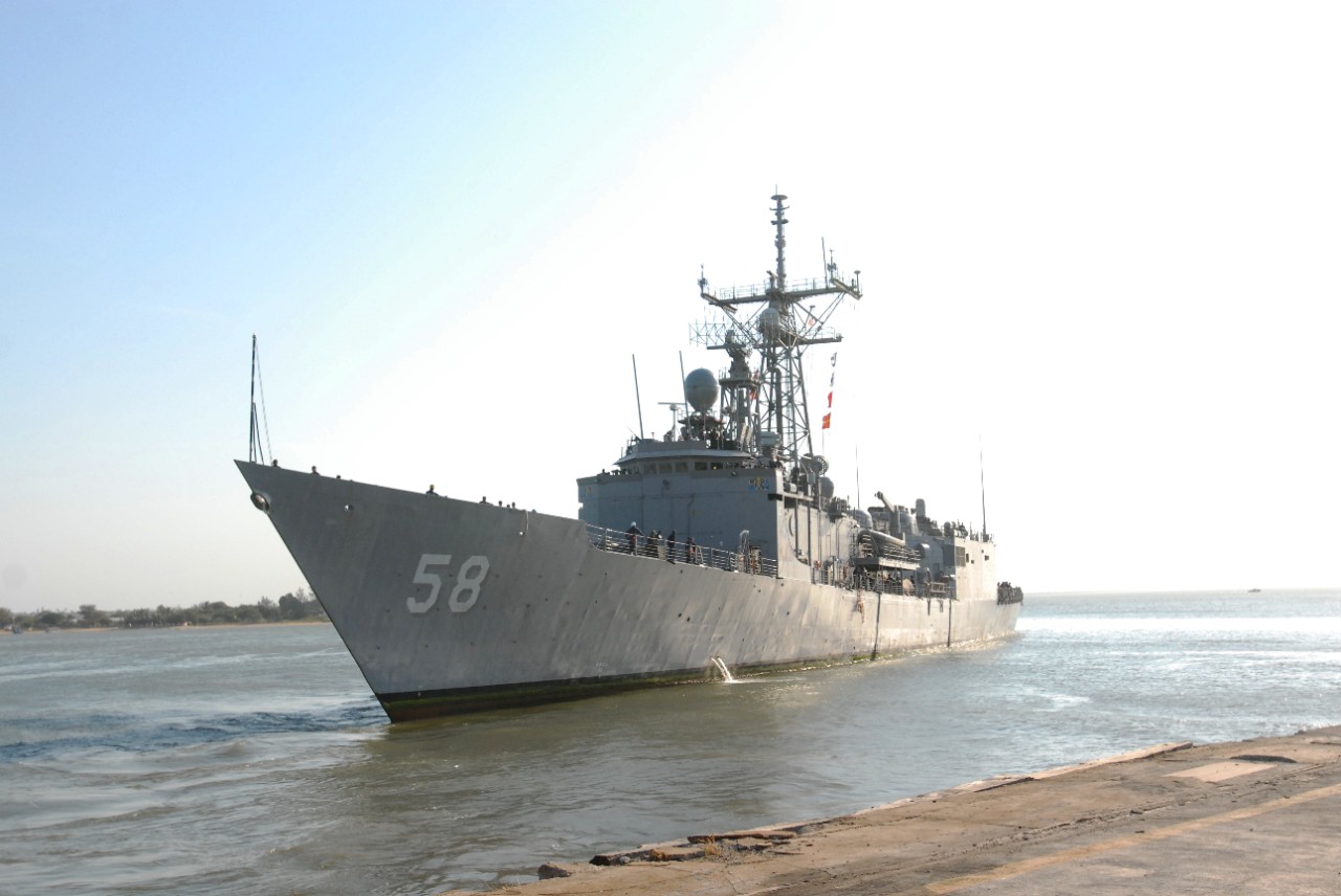 110826-N-JL721-137;  USS Samuel B. Roberts (FFG-58), 2011.  The guided-missile frigate arrives in Maputo, Mozambique, August 20, 2011. Roberts is on a scheduled deployment to the U.S. 6th Fleet area of responsibility.  U.S. Navy photo by Lt. Cmdr. Suzanna Brugler.  