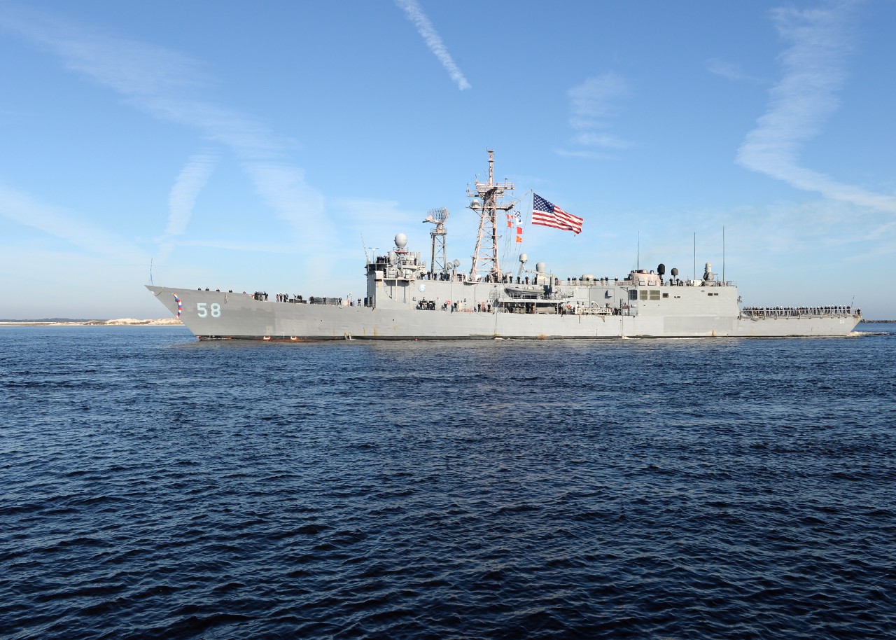 141215-N-OS575-019:  USS Samuel B. Roberts (FFG-58), 2014.   The guided-missile frigate arrives at Naval Station Mayport, Florida on December 15, 2014, after completing a six-month deployment in the U.S. Africa Command area of responsibility. The crew of Samuel B. Roberts conducted theater security operations and provided deterrence, promoted peace and security, and preserved freedom of the seas. U.S. Navy photo by Mass Communication Specialist 2nd Class Sean P. La Marr.  