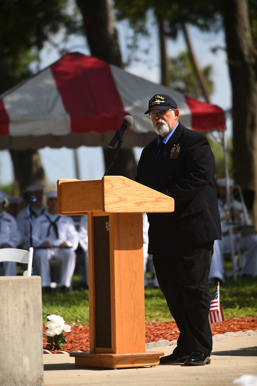 170517-N-FP690-090:   Remembrance Ceremony for USS Stark (FFG-31), 2017.  Bernard Martin, a survivor of the attack on the guided-missile frigate USS Stark (FFG 31), delivers remarks during a remembrance ceremony at Jacksonville, Florida, honoring those lost during the attack.  The annual event held at the Stark Memorial on base marked 30 years since the ship was struck by two Iraqi missiles, killing 37 Sailors. U.S. Navy photo by Mass Communication Specialist 3rd Class Robyn B. Melvin.   