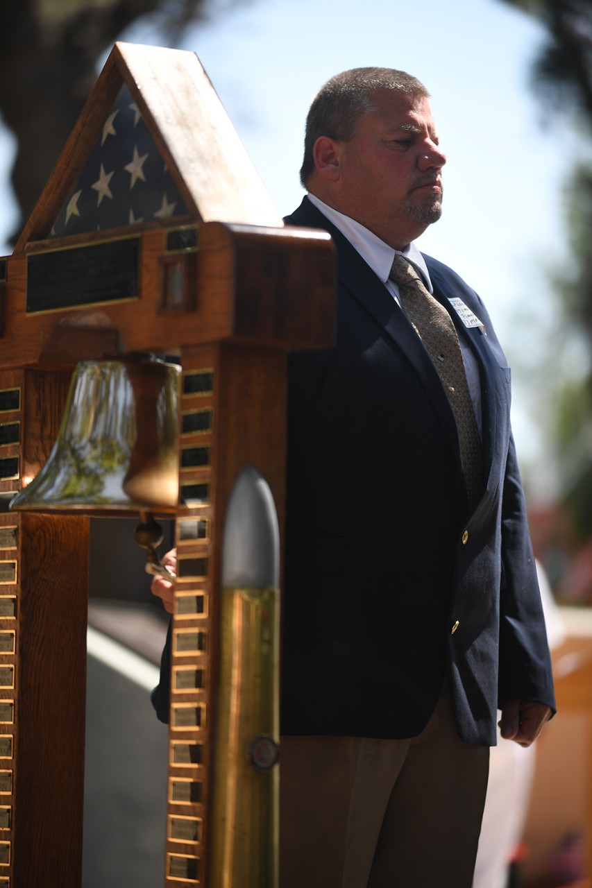 170517-N-FP690-171:  Remembrance Ceremony for USS Stark (FFG-31), 2017.  Peter Weber, a survivor of the attack  on the guided-missile frigate USS Stark (FFG 31), tolls a bell while the names of his fallen shipmates are read during a remembrance ceremony honoring those lost during the attack.  The annual event held at the Stark Memorial on base marked 30 years since the ship was struck by two Iraqi missiles, killing 37 Sailors. U.S. Navy photo by Mass Communication Specialist 3rd Class Robyn B. Melvin.  