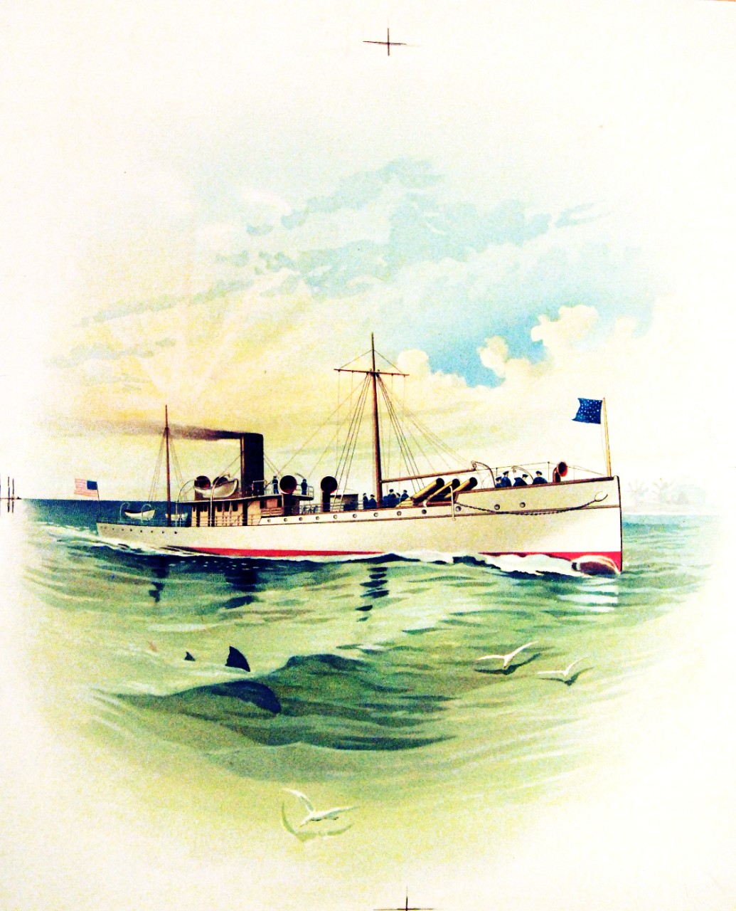 Lot 4812-9:   USS Vesuvius, 1897-98.    U.S. Navy dynamite cruiser, USS Vesuvius, starboard view.  Note, dolphin and seagulls.   Reproduction of a painting by Koerner & Hayes, circa 1897-98.  Courtesy of the Library of Congress.   (2015/7/24).