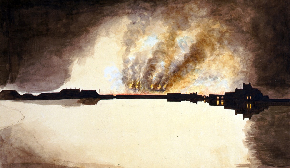 LC-DIG-ppmsca-39007:   Washington Navy Yard, probably burning, 1814.    Image from Anacostia shows the probable burning of the Washington Navy Yard by the British during the War of 1812.   Artwork by William Thornton.   Courtesy of the Library of Congress.   