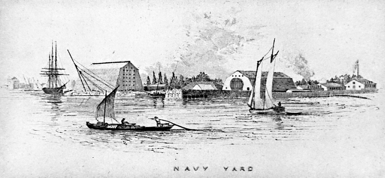 Washington Navy Yard, 1842.  Steel engraving illustration from Morrison’s Stranger’s Guide to the City of Washington, 1842.   Courtesy of the Library of Congress.   
