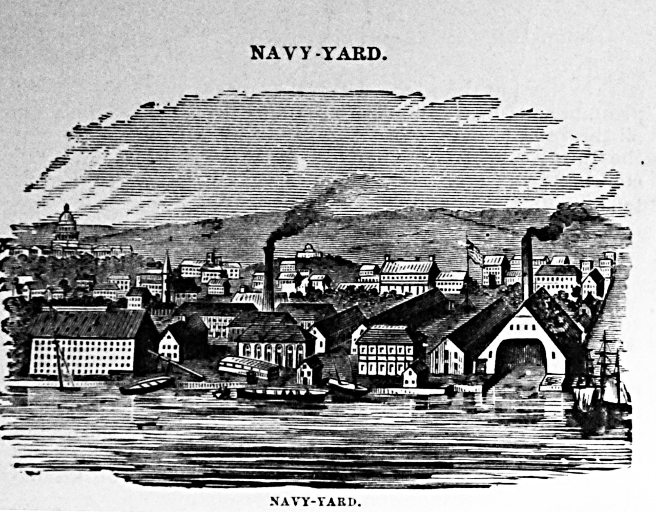 Washington Navy Yard, about 1880.   Washington Navy Yard, District of Columbia, depicting the Navy Yard in about 1880, looking north from the hills beyond the southern side of the Anacostia River. The U.S. Capitol is in the left center distance.    Courtesy of the Martin Luther King Library, Washington, D.C.