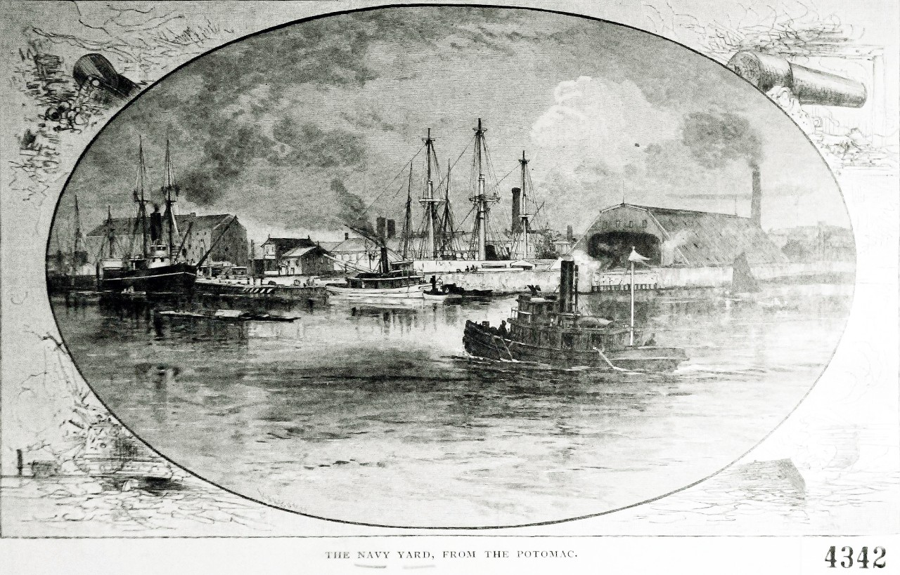 MLK  4342:   Washington Navy Yard, 1888.    Engraving depicting the Navy Yard in 1888, looking NNW from the Anacostia River (also known as the Eastern Branch of the Potomac).   Courtesy of the Martin Luther King Library, Washington, D.C.