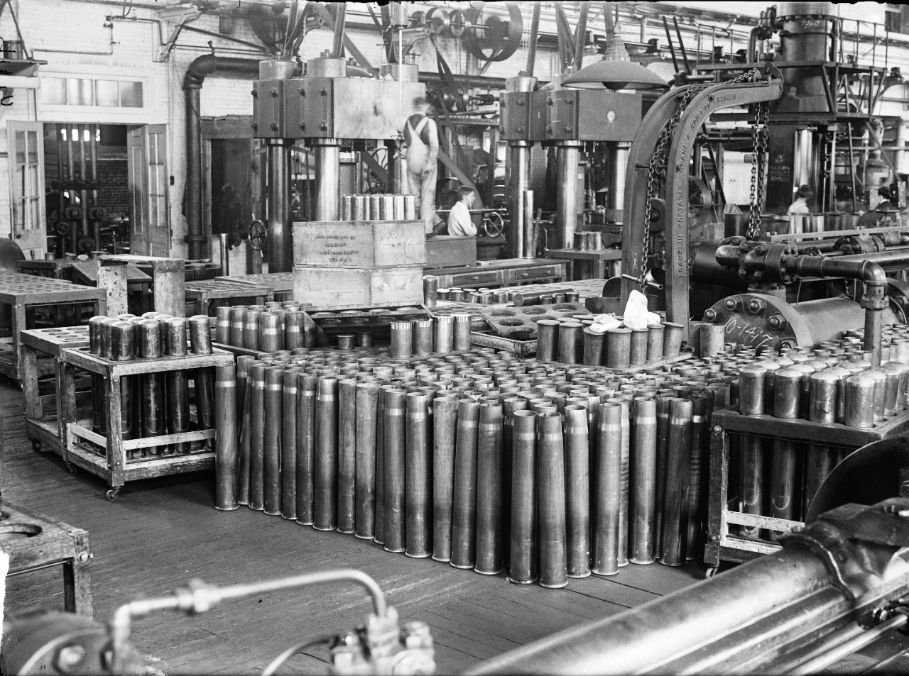 LC-DIG-H261-9916:  U.S. Naval Gun Factory, Washington Navy Yard, 1917.   Cartridge cases are shown inside one of the factory buildings.  Photographed by Harris & Ewing, 1917.   (Courtesy of the Library of Congress.   