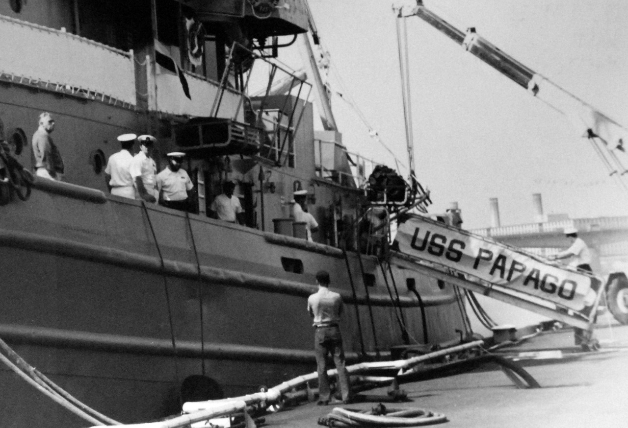 428-GX-1178648:   USS Papago (ATF-160), Washington Navy Yard, 1980.   USS Papago berthed at Washington Navy Yard.  Papago was a Naval Reserve Force Fleet Ocean Tug used for training reservists.  Photographed by Commander Joe Mancias, May 1980.   Official U.S. Navy Photograph, now in the collections of the National Archives.  