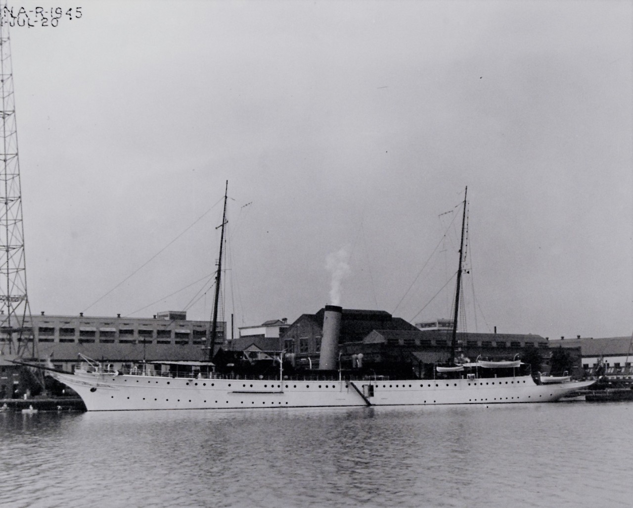 80-G-457032:   Presidential Yacht, USS Mayflower (PY-1), Washington Navy Yard, 1920.   Broadside of President Harding’s yacht while at the Washington Navy Yard, Washington, D.C., July 31, 1920.  Official U.S. Navy Photograph, now in the collections of the National Archives.   