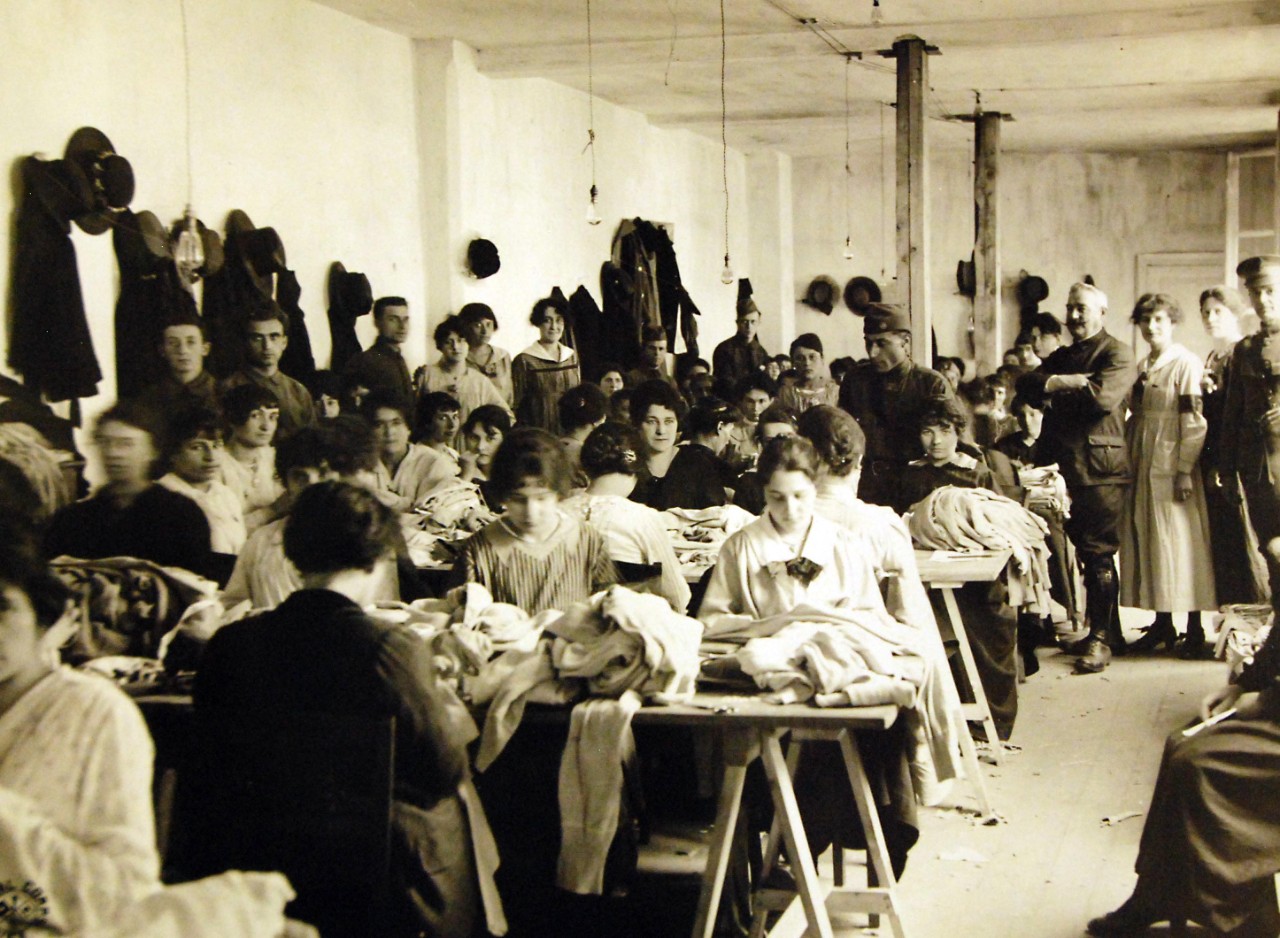 <p>Lot-8294-2: French women repairing underwear, American Salvage Depot, Intermediate No.8, St. Pierre-des-Corps, France, June 26, 1918.&nbsp;</p>