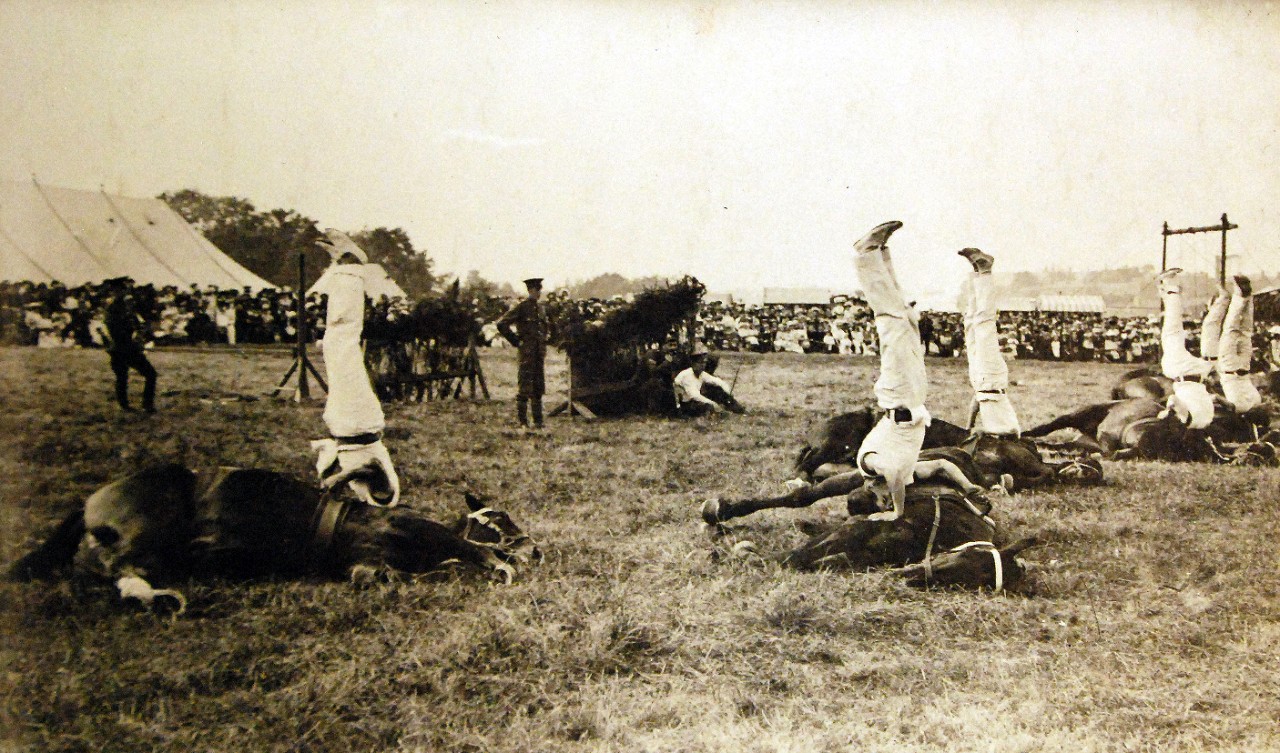 <p>LC-Lot-11168-3: WWI: Allied Forces: British. Training of a soldier at a British training camp, July 1917. Shown: British recruits training with horses. George C. Bain Collection. Courtesy of the Library of Congress. (2016/09/23).</p>
