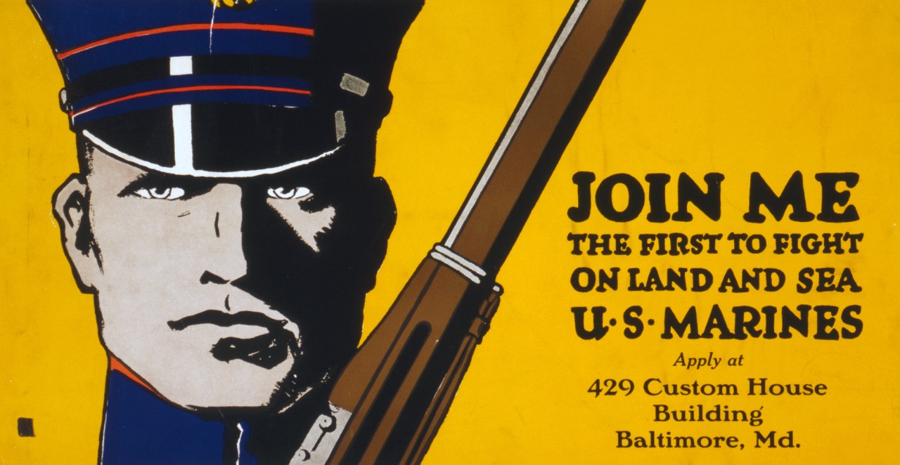 <p>LC-USZC4-7789:&nbsp; WWI Recruiting Poster.&nbsp; &nbsp;Joiin Me - The First To Fight On Land and Sea / U.S. Marines.</p>
