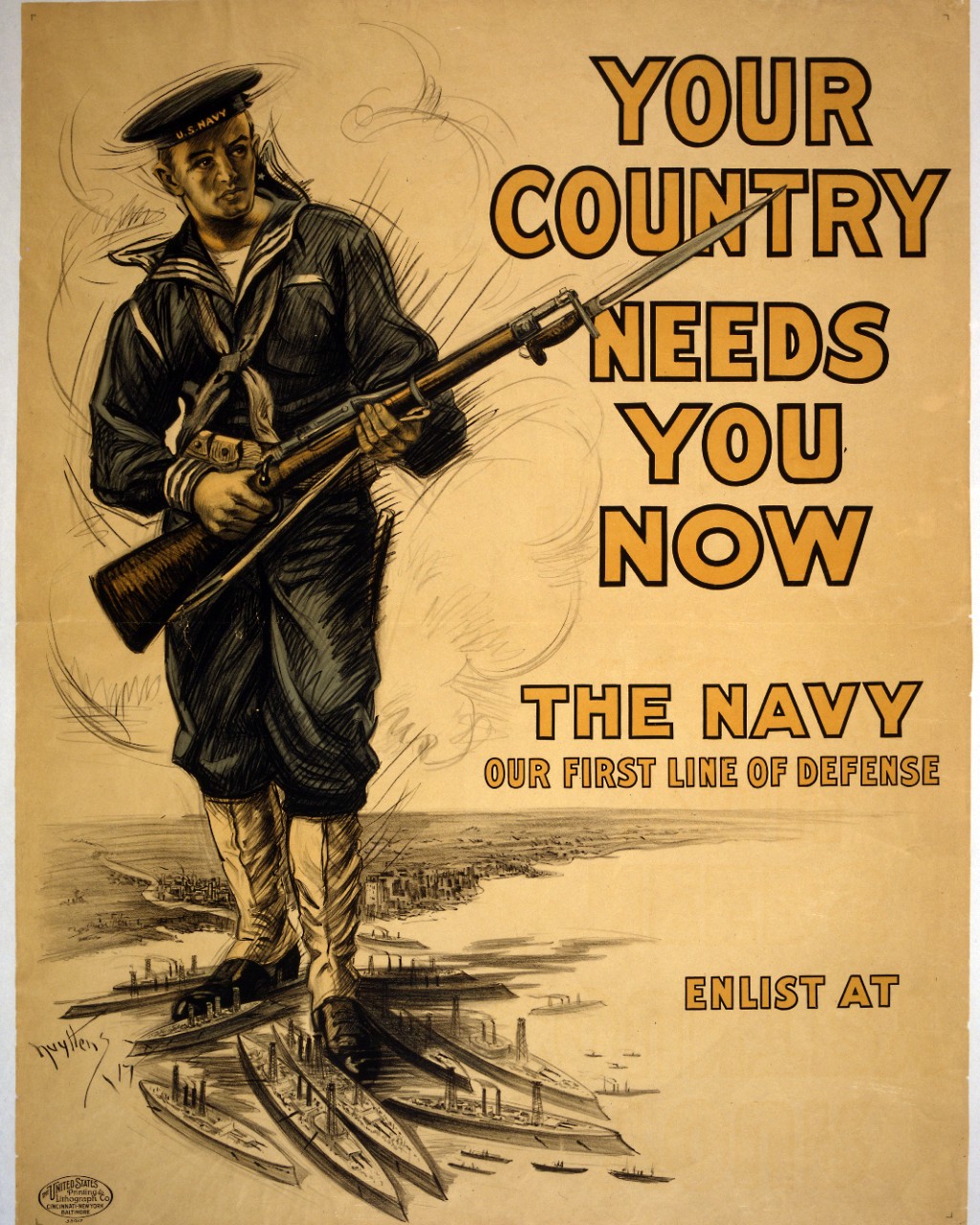 <p>LC-USZC4-10780: WWI Recruiting Poster. “Your Country Needs You Now – The Navy, Our First Line of Defense. Artwork by Nuyttens, 1917.&nbsp;</p>
