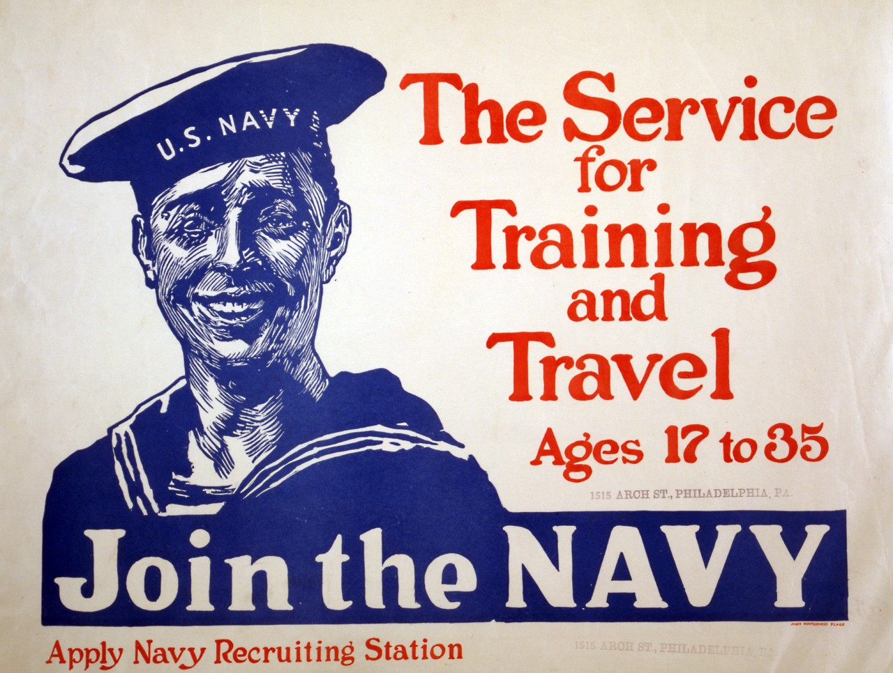 <p>LC-USZC4-10233: WWI Recruiting Poster – “The Service for Training and Travel Ages 17 to 35 / Join the NAVY / Apply Navy Recruiting Station.”</p>