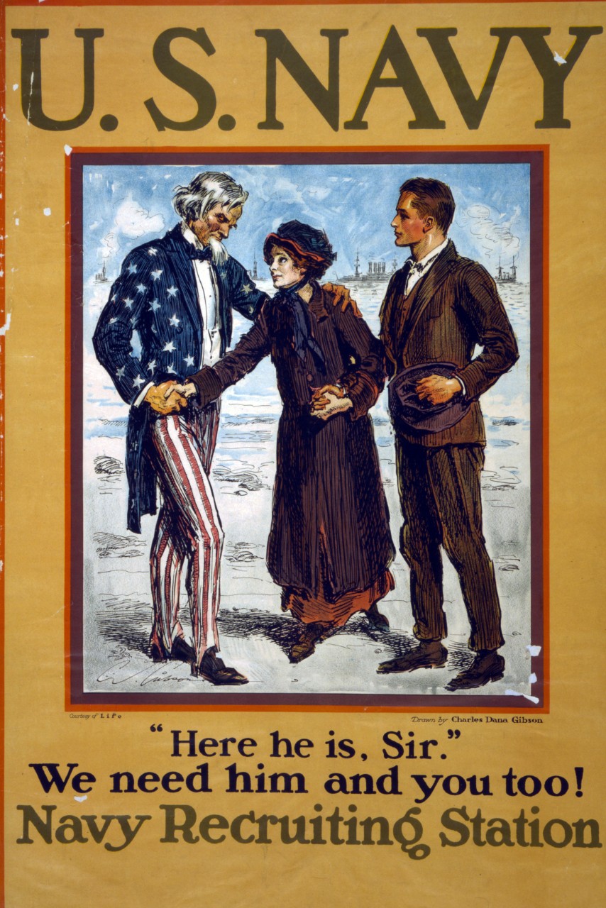 <p>LC-USZC4-10240: WWI Recruiting Poster. “U.S. Navy. ‘Here He Is, Sir.’ We Need Him and You Too!” Artwork by Charles D. Gibson, between 1914-18.</p>
