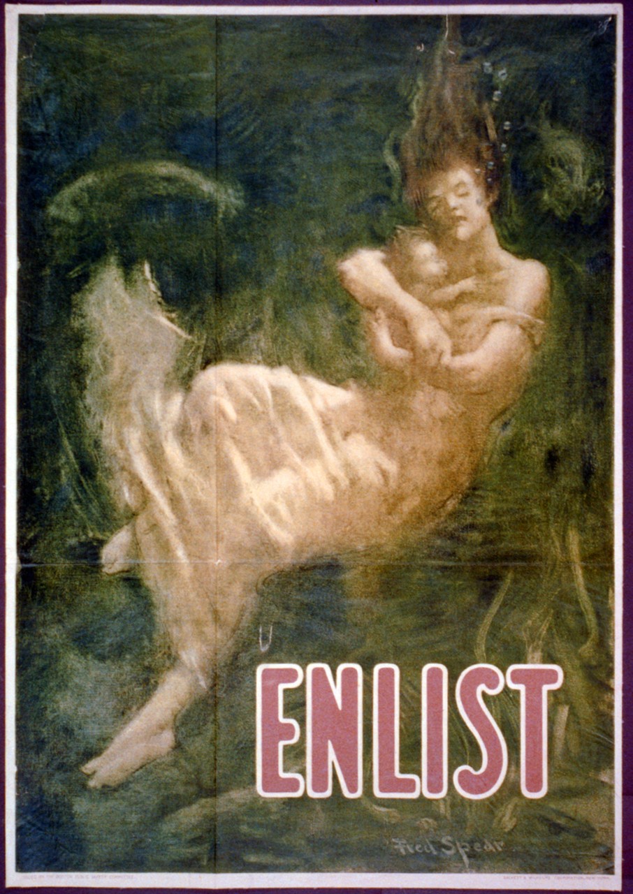 <p>LC-USZC4-1129:&nbsp; WWI Recruiting Poster. Poster showing a woman, a passenger from the Lusitania, submerged in water cradling an infant in her arms.</p>
